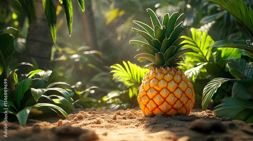 Fototapeta premium A pineapple growing out of a sandy desert surrounded by lush greenery and palm trees.
