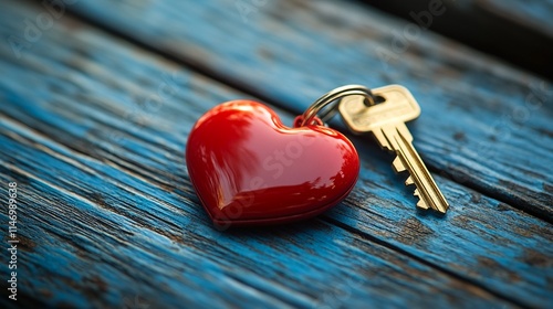 Two keys attached to a heart-shaped keychain on a weathered blue wooden surface. photo