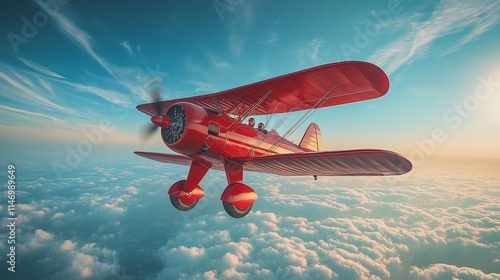 Red Waco YMF-5C biplane flying above clouds. photo