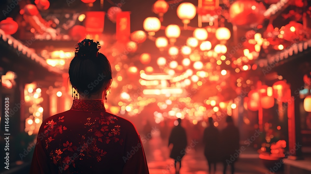 Woman in red dress at night market with lanterns. Woman in red dress at night market with lanterns.