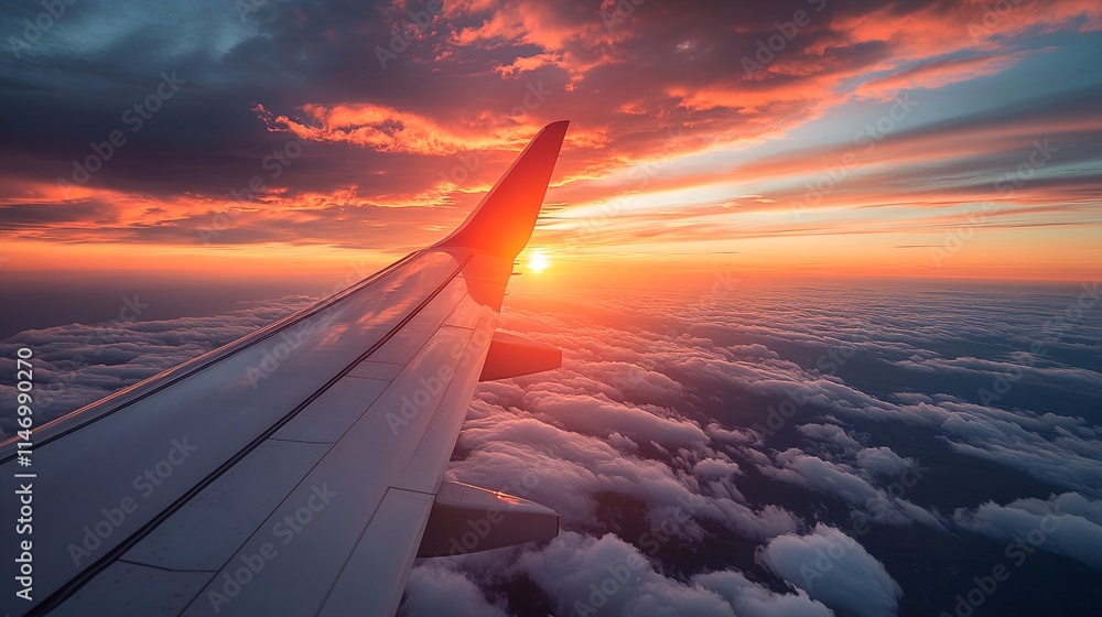View from an airplane window during sunrise. View from an airplane window during sunrise.