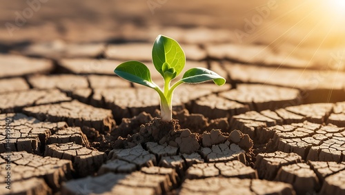 This captivating image portrays the resilience of nature in the face of adversity. A tender green sprout emerges from cracked, parched soil, its delicate leaves reaching for the sunlight.
