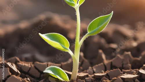 This captivating image portrays the resilience of nature in the face of adversity. A tender green sprout emerges from cracked, parched soil, its delicate leaves reaching for the sunlight.