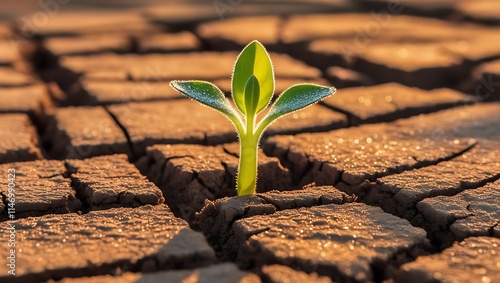 This captivating image portrays the resilience of nature in the face of adversity. A tender green sprout emerges from cracked, parched soil, its delicate leaves reaching for the sunlight.