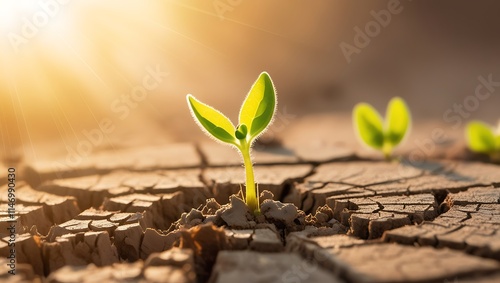 This captivating image portrays the resilience of nature in the face of adversity. A tender green sprout emerges from cracked, parched soil, its delicate leaves reaching for the sunlight.