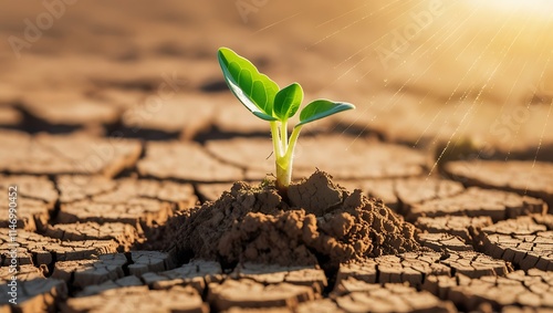 This captivating image portrays the resilience of nature in the face of adversity. A tender green sprout emerges from cracked, parched soil, its delicate leaves reaching for the sunlight.