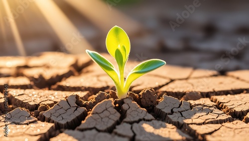 This captivating image portrays the resilience of nature in the face of adversity. A tender green sprout emerges from cracked, parched soil, its delicate leaves reaching for the sunlight.