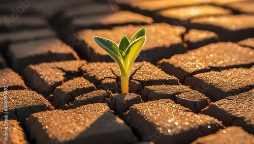 This captivating image portrays the resilience of nature in the face of adversity. A tender green sprout emerges from cracked, parched soil, its delicate leaves reaching for the sunlight.