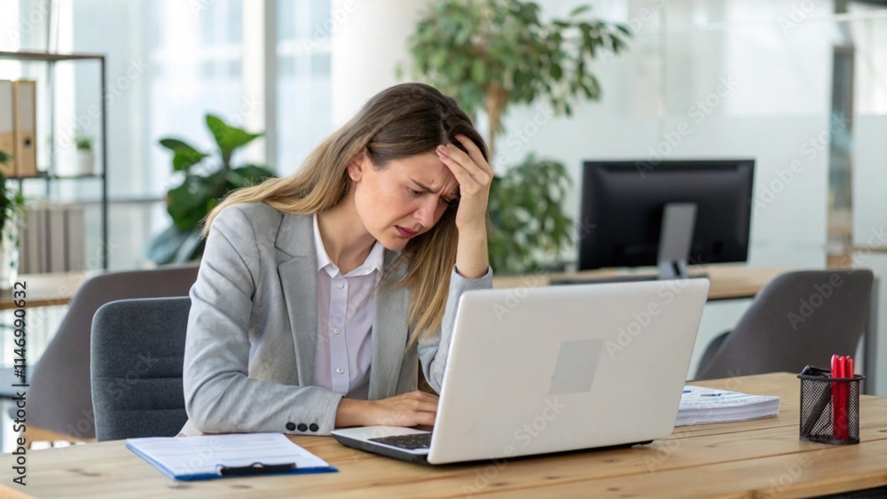 woman working in office has headache and holds her head
woman working in office has headache and holds her head