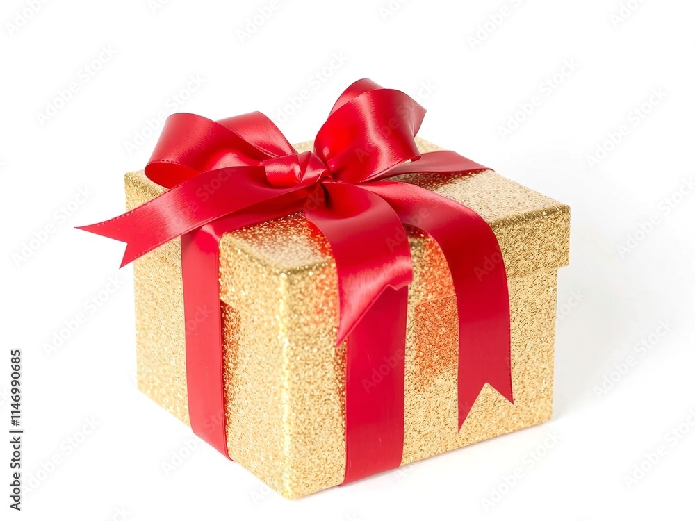 A perfectly wrapped rectangular gift box in vibrant red paper with a wide, gold satin ribbon tied into an elegant bow A perfectly wrapped rectangular gift box in vibrant red paper with a wide, gold satin ribbon tied into an elegant bow