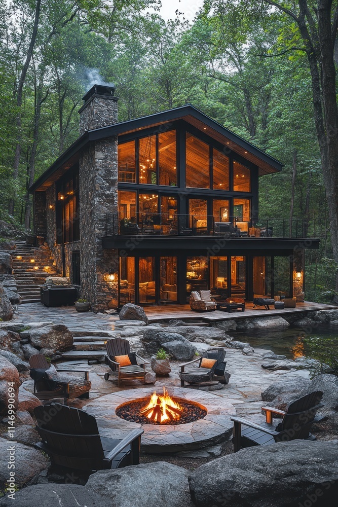 Modern stone cabin with fire pit and forest view at dusk. Modern stone cabin with fire pit and forest view at dusk.