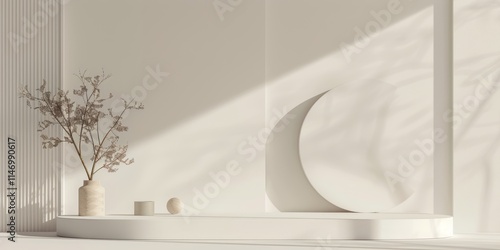 Minimalist interior design with modern decor, featuring a vase with branches, geometric shapes, and soft natural lighting in a serene, neutral color palette.