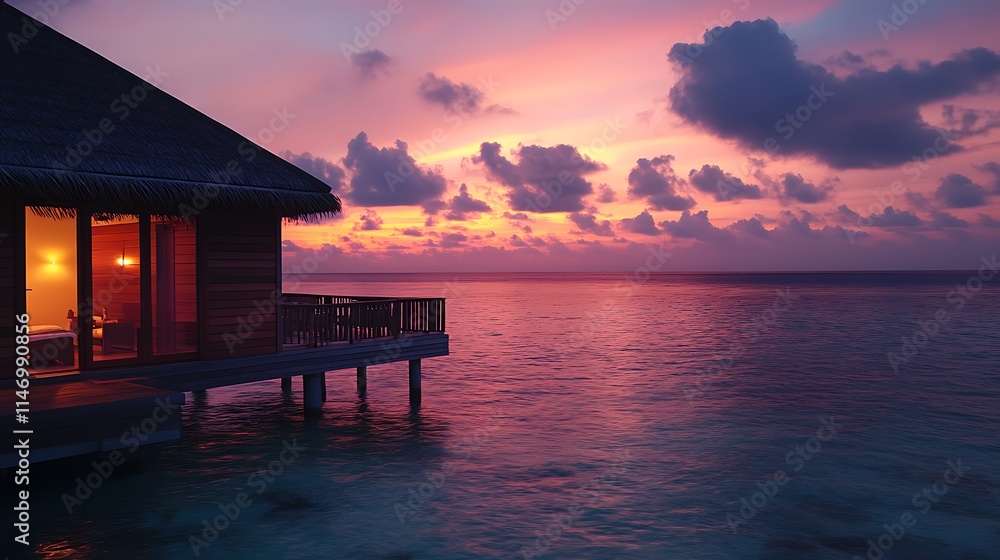 Sunset over clear ocean water with warm colorful sky and glowing soft waves in Maldives Sunset over clear ocean water with warm colorful sky and glowing soft waves in Maldives
