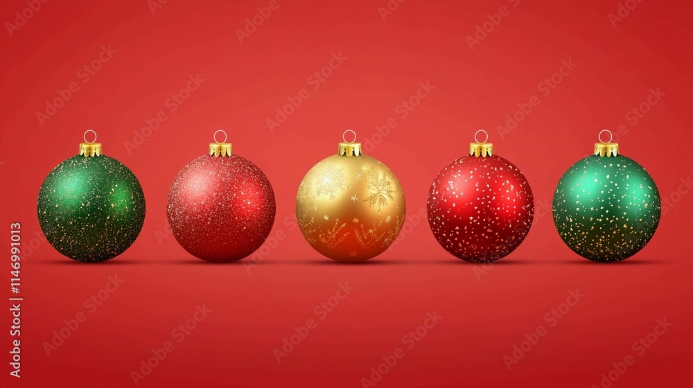 Bright red background with Christmas balls in festive colors for decoration. Generative AI Bright red background with Christmas balls in festive colors for decoration. Generative AI