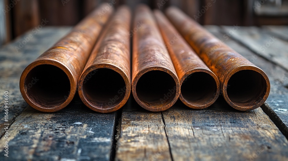 Copper pipes on a wooden surface. Copper pipes on a wooden surface.