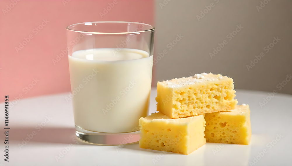 A simple yet elegant arrangement featuring a glass of milk and pieces of traditional pasiego sponge cake, contrasted against a dual-tone background, invoking both a sense of taste and style A simple yet elegant arrangement featuring a glass of milk and pieces of traditional pasiego sponge cake, contrasted against a dual-tone background, invoking both a sense of taste and style