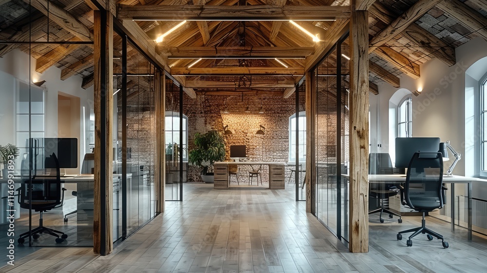 Office design, sloping ceiling, wooden barn posts and beams, fragments of old brick walls, lighting, glass partitions in black profile. Office design, sloping ceiling, wooden barn posts and beams, fragments of old brick walls, lighting, glass partitions in black profile.