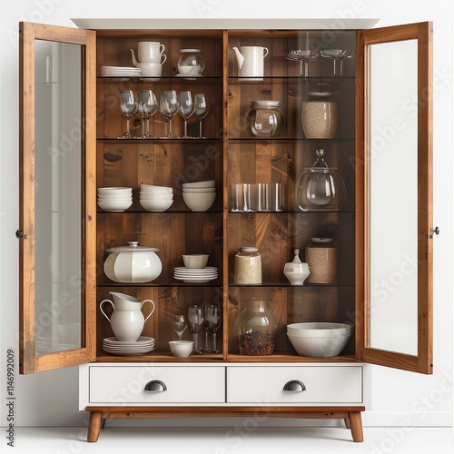 White high cabinet with glass doors and a brown wooden bottom, white background.