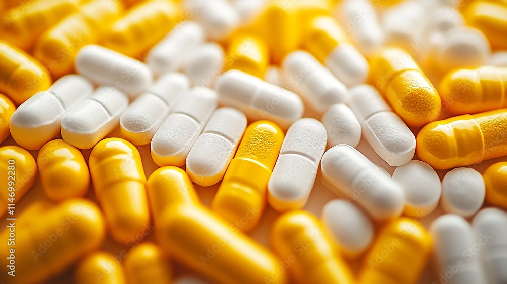 pills of white and yellow capsules. pills of white and yellow capsules.