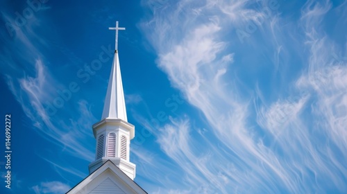 Copy space featuring a church steeple against a clear blue sky, symbolizing hope