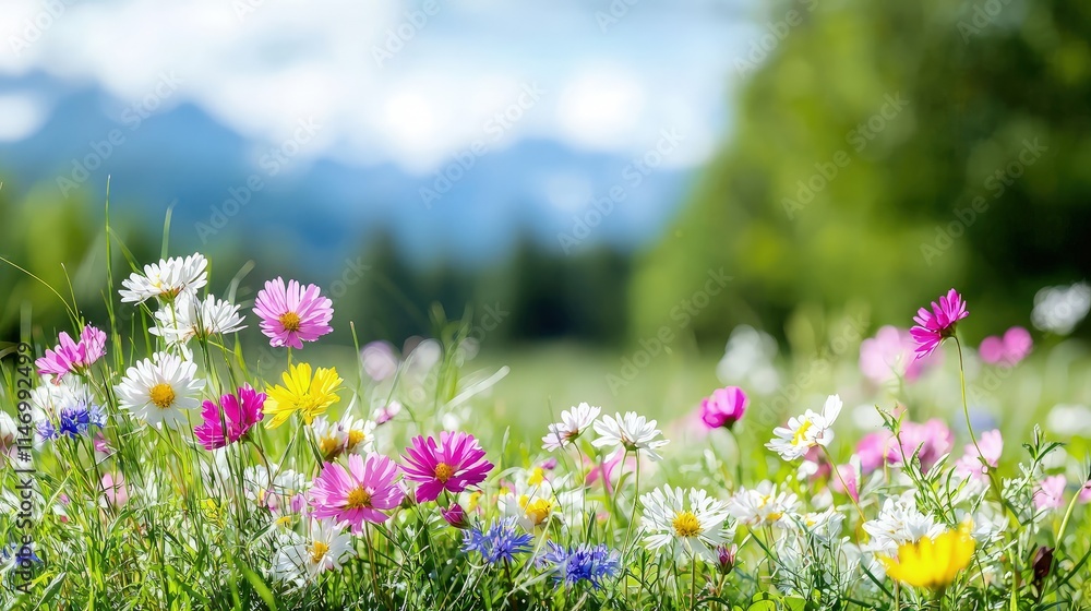 Vibrant wildflowers in a sunny meadow with mountains in the background. Vibrant wildflowers in a sunny meadow with mountains in the background.