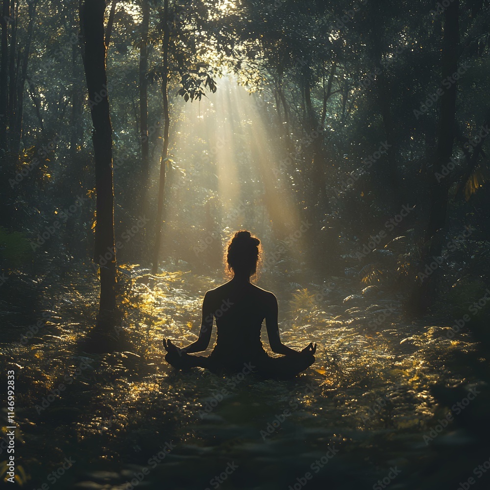 Obraz premium Person Meditating in Sunlit Forest Surrounded by Nature's Serenity