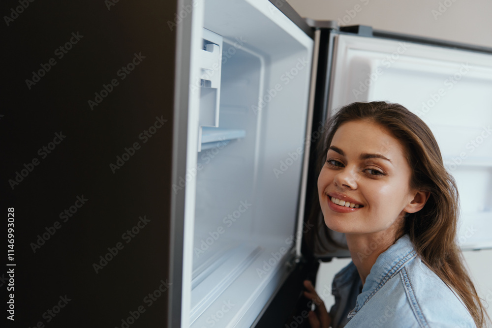 Young woman smiling while looking into an open refrigerator, showing joy and healthy lifestyle, wearing a casual denim outfit, bright kitchen background Young woman smiling while looking into an open refrigerator, showing joy and healthy lifestyle, wearing a casual denim outfit, bright kitchen background