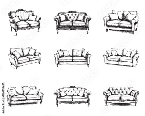 Set of sofa vector illustrations - hand drawn sofas - black and white sofas isolated on white background
