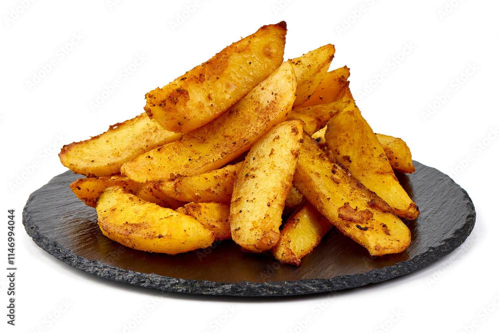 Homemade baked potato wedges, baked potatoes, isolated on white background.