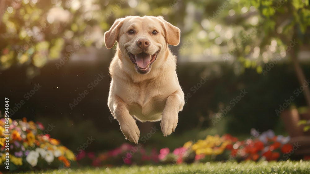 playful beige Labrador retriever joyfully jumping in vibrant garden playful beige Labrador retriever joyfully jumping in vibrant garden