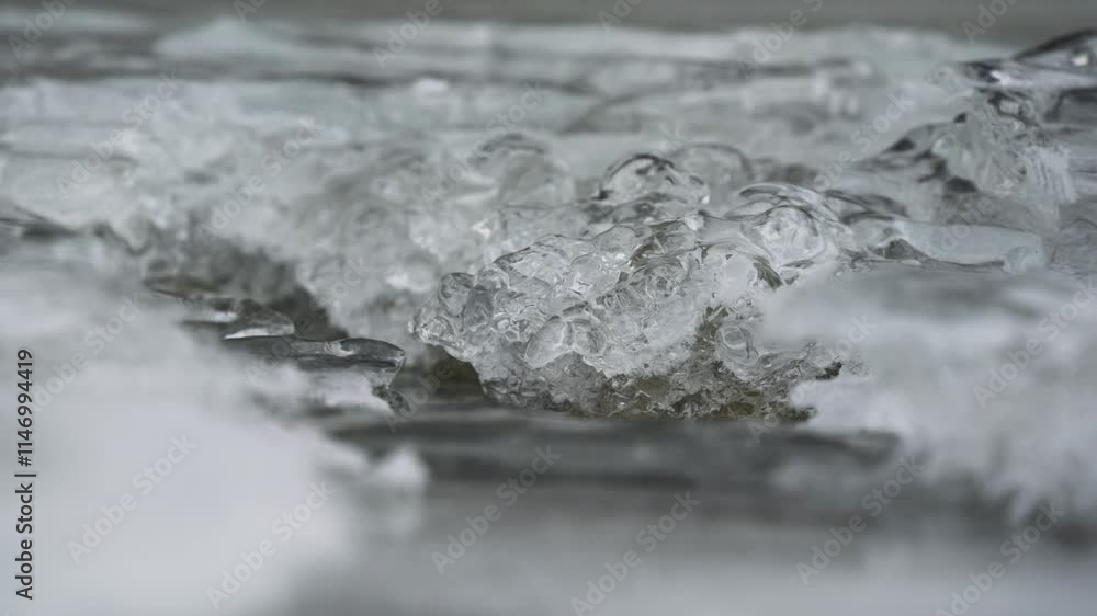 Ice on frozen river, closeup macro detail, water flows below - winter background Ice on frozen river, closeup macro detail, water flows below - winter background