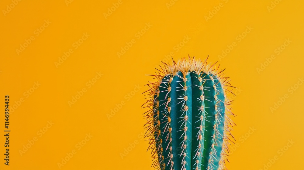 Naklejka premium Tall green cactus against a bright yellow background