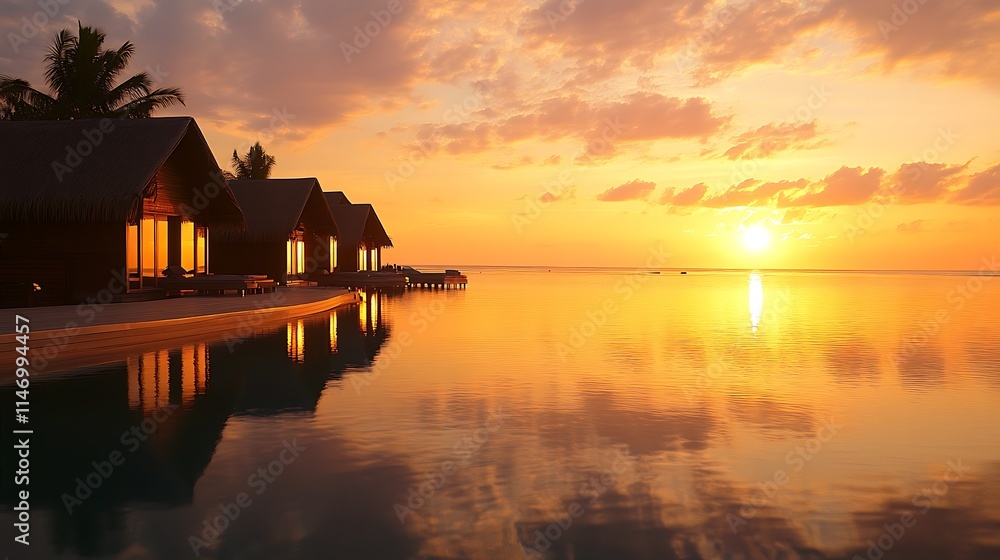 Fototapeta premium Smooth reflections of golden sunset hues on calm ocean waters in Maldives