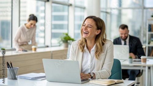 woman working in the office receives happy news 