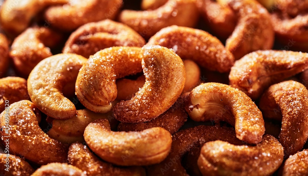 Close up of cinnamon sugared roasted cashew nuts Close up of cinnamon sugared roasted cashew nuts