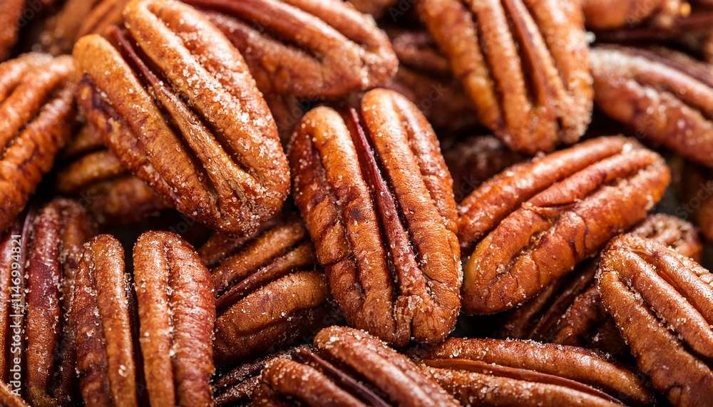 Close up of cinnamon sugar roasted pecan nuts Close up of cinnamon sugar roasted pecan nuts