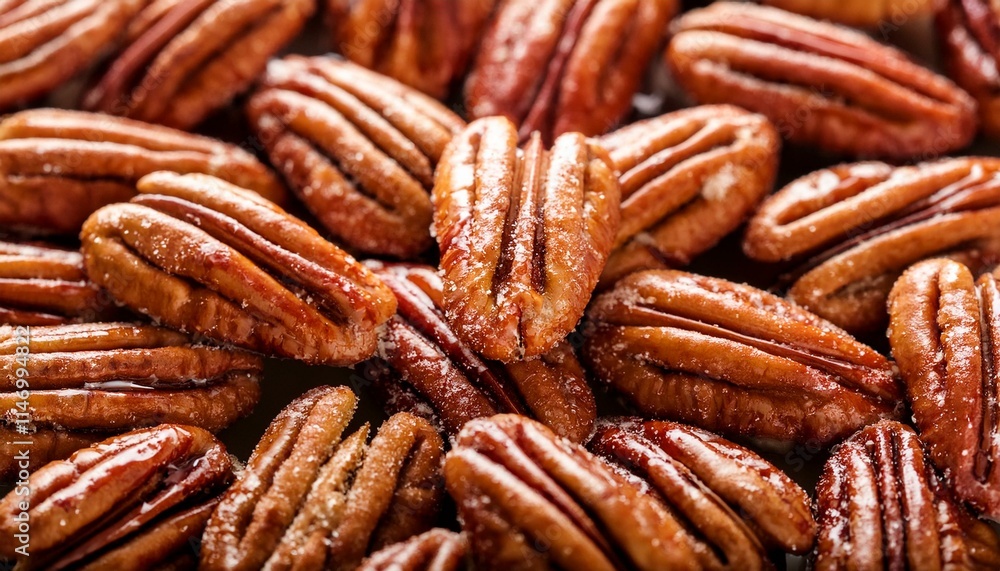 Close up of cinnamon sugar roasted pecan nuts Close up of cinnamon sugar roasted pecan nuts