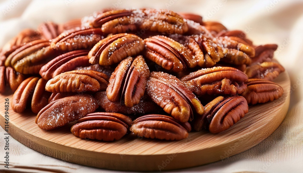 Close up of cinnamon sugar roasted pecan nuts Close up of cinnamon sugar roasted pecan nuts