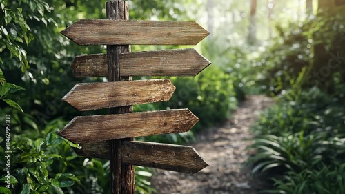 The simple wooden sign in a tranquil forest with wooden arrows pointing in different directions.
