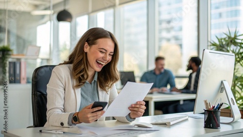 woman working in the office receives happy news 