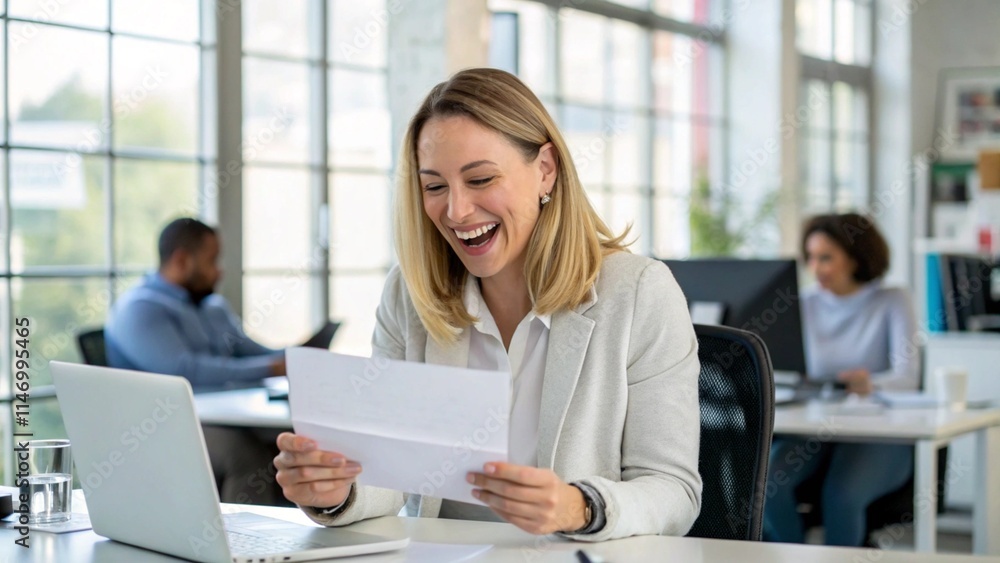 woman working in the office receives happy news
woman working in the office receives happy news