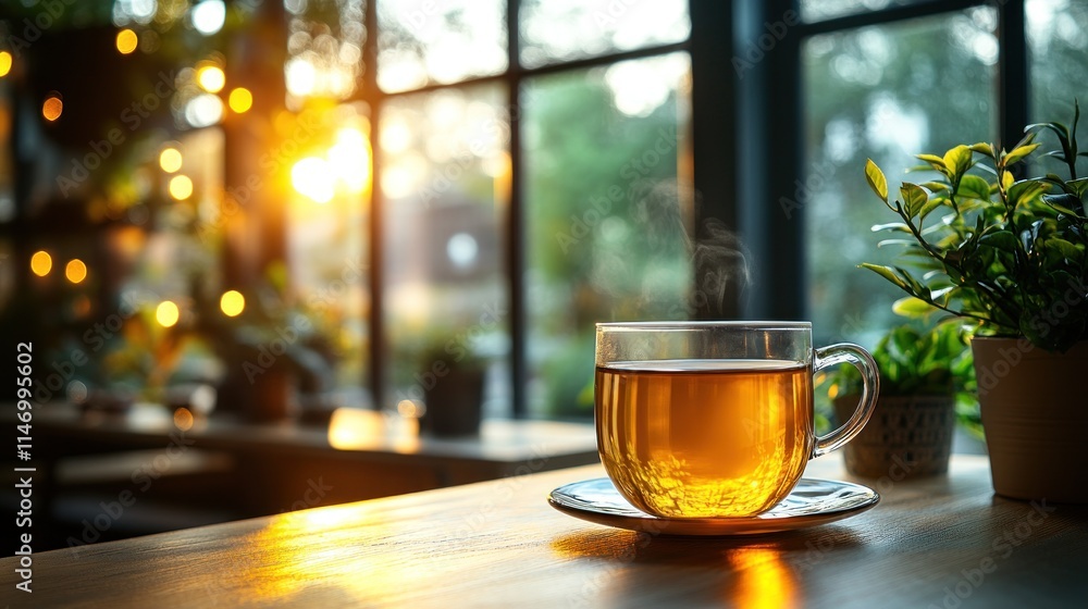 Steaming tea cup on wooden table by window. Steaming tea cup on wooden table by window.