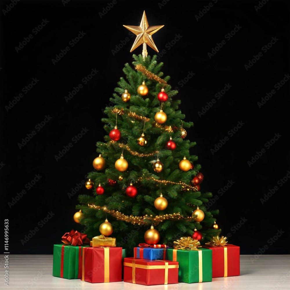 a festive Christmas tree with lush, green branches adorned with gold, red, and yellow ornaments a festive Christmas tree with lush, green branches adorned with gold, red, and yellow ornaments