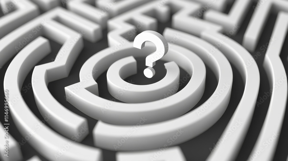 A minimalistic 3D illustration of a maze featuring a prominent question mark at its center A minimalistic 3D illustration of a maze featuring a prominent question mark at its center