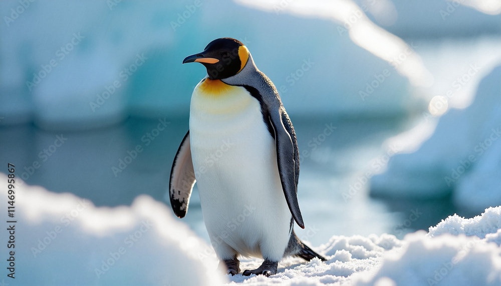 Naklejka premium Penguin in Antarctica, standing confidently, on ice with soft sunlight and blurring background
