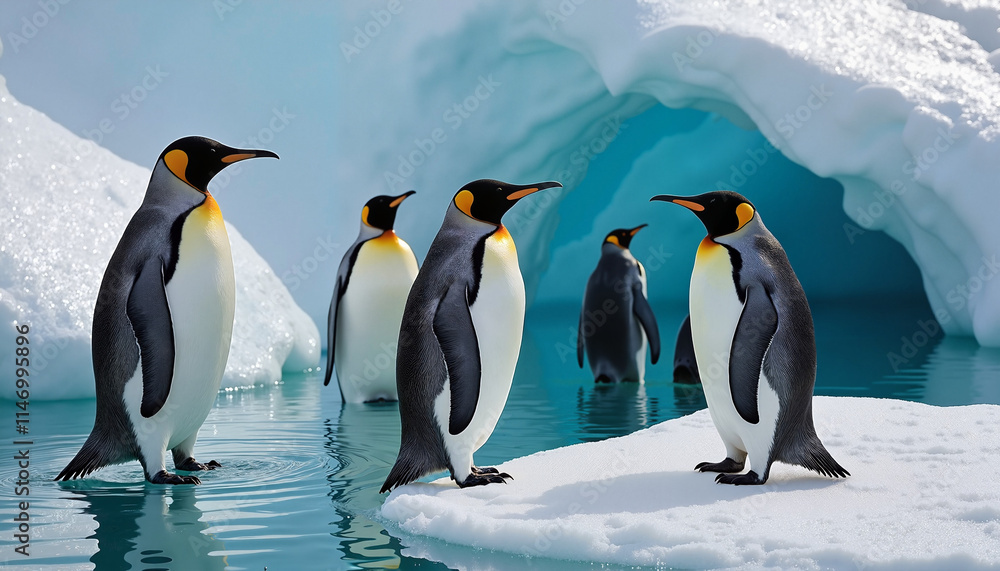 Fototapeta premium Group of penguins in Antarctica, socializing together, standing on ice with icy formations 