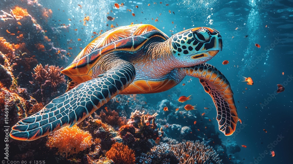 Fototapeta premium Vibrant hawaiian sea turtle in a coral reef paradise