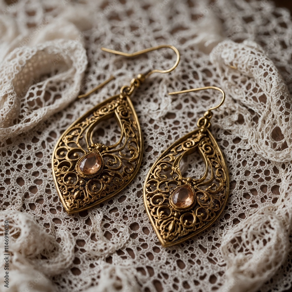 Obraz premium A pair of antique gold earrings with intricate filigree work, resting on a lace-covered table.