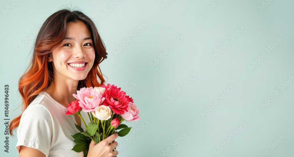Portrait of happy beautiful girl with bouquet of exotic flowers, airy cute shot on clean background, place for text, women's day Portrait of happy beautiful girl with bouquet of exotic flowers, airy cute shot on clean background, place for text, women's day