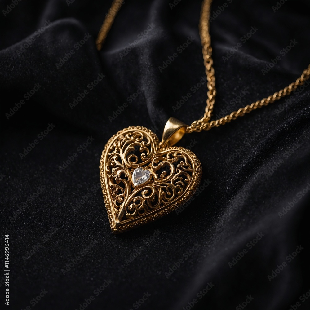 A gold pendant shaped like a heart, lying on an elegant black velvet cloth. A gold pendant shaped like a heart, lying on an elegant black velvet cloth.